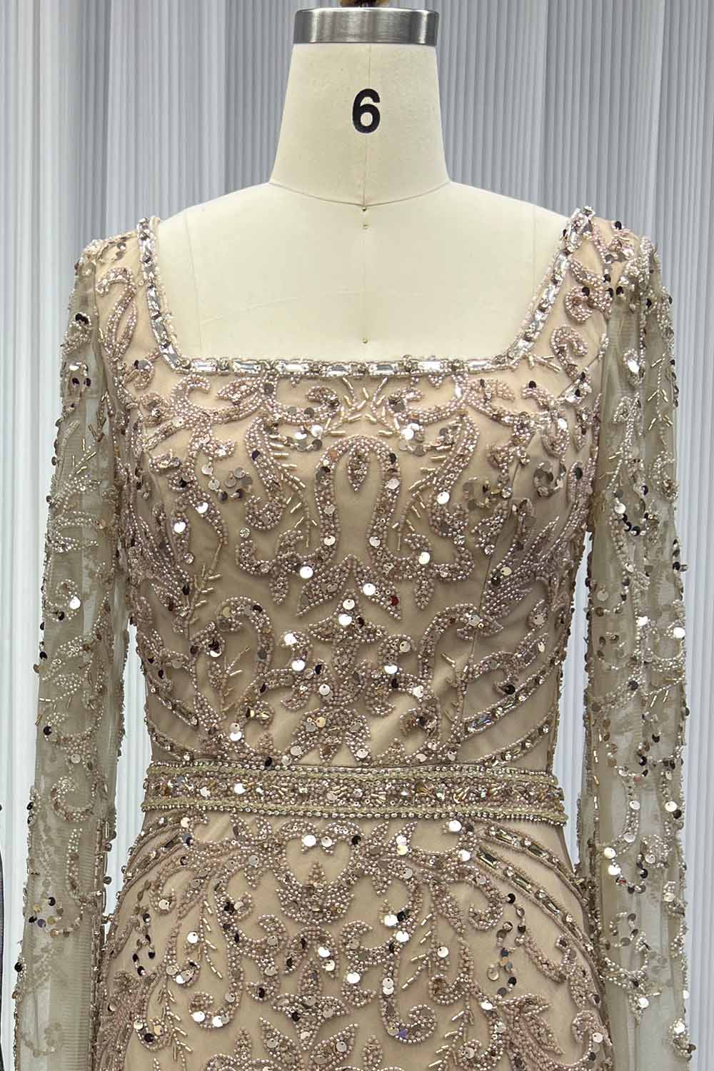 YQLNNE Modest Black Square Collar Crystals Beaded Evening Dress With Long Sleeves