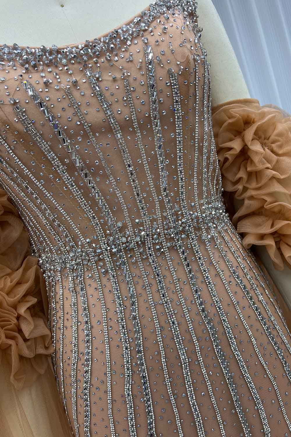 YQLNNE 0128 Luxury Orange Crystals Evening Party Gown With Removable Tulle Sleeves