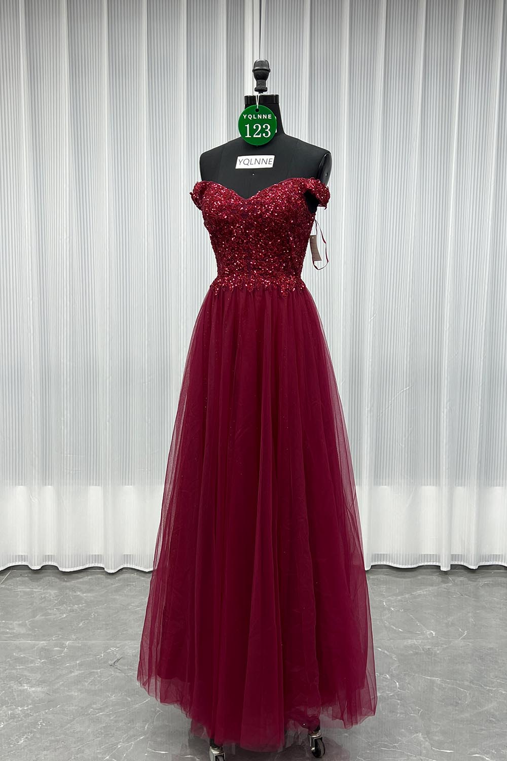 YQLNNE 0123 Wine Red Off Shoulder Prom Dress Long Party Gown