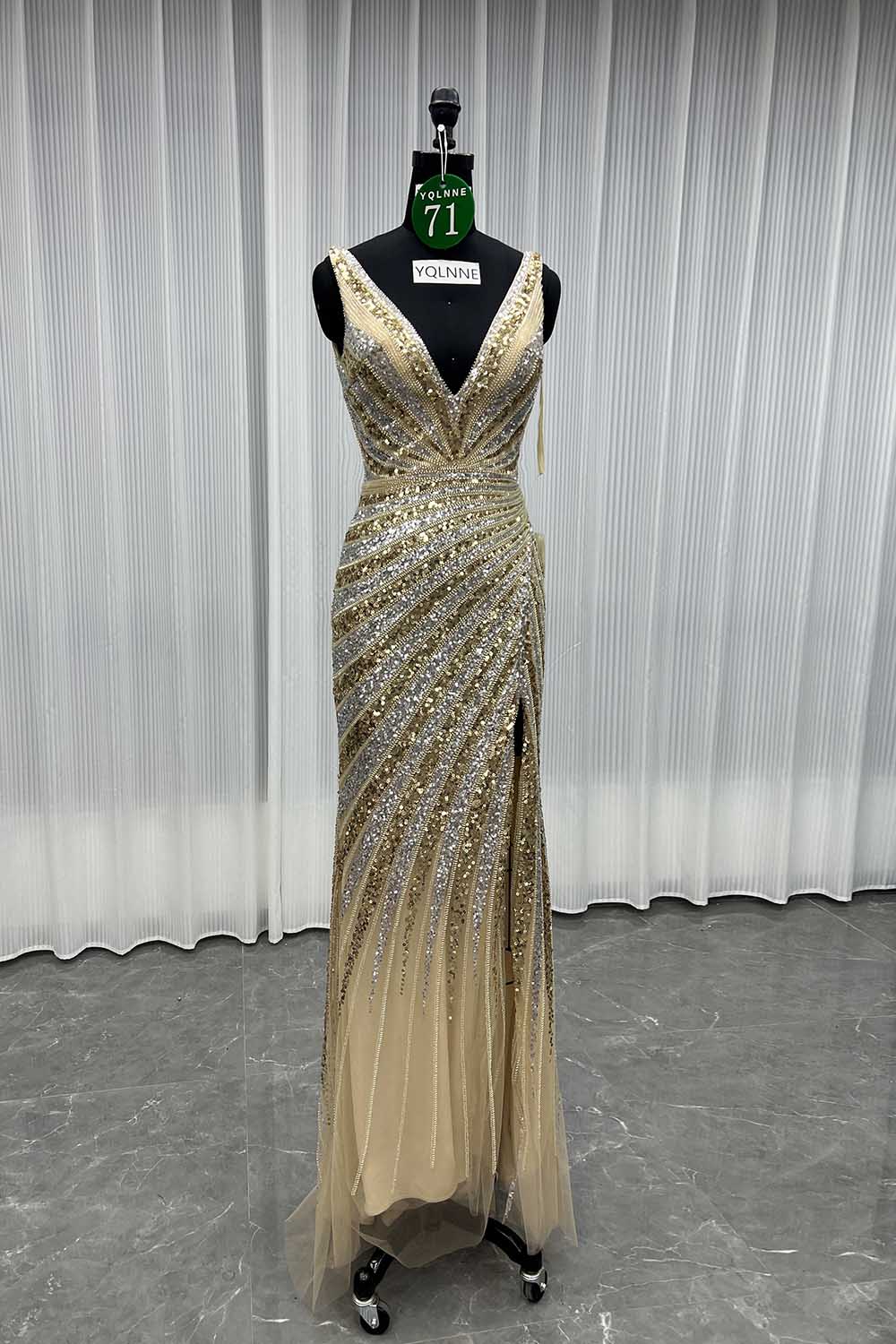 YQLNNE 071 Gold Sequined Long Prom Dresses Mermaid Party Dress