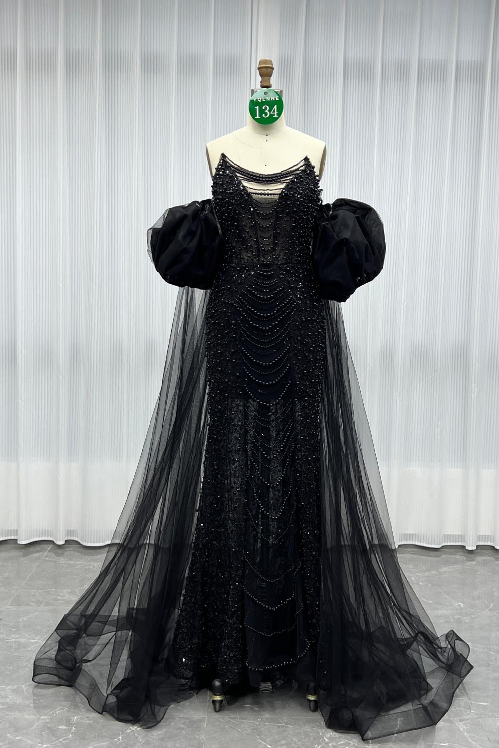 YQLNNE 0134 Black Strapless Beaded Pearls Evening Dress With Removable Sleeves