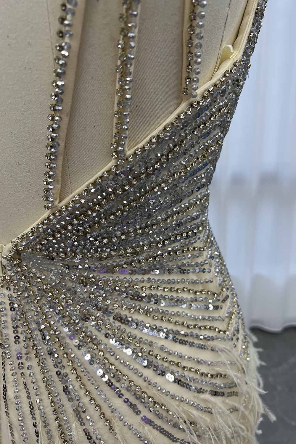 YQLNNE 043 Beige Feathers Long Crystals Evening Dress With Slit