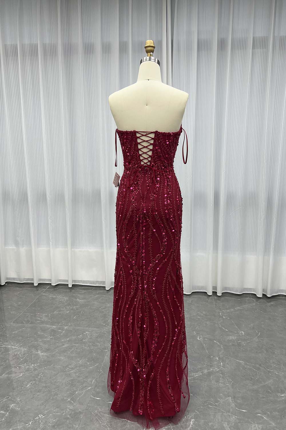 YQLNNE 040 Burgundy Corset Evening Dress Long Slit Handmade Beaded Gown