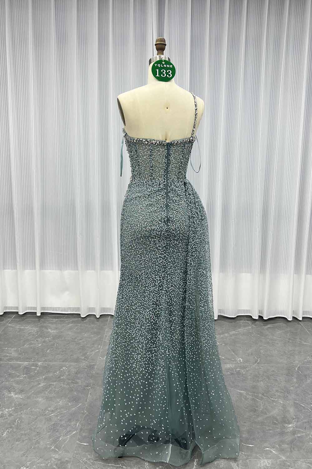 YQLNNE 0133 Sparkly Pine Green Crystals Evening Dress One Shoulder Long Glitter Prom Gown
