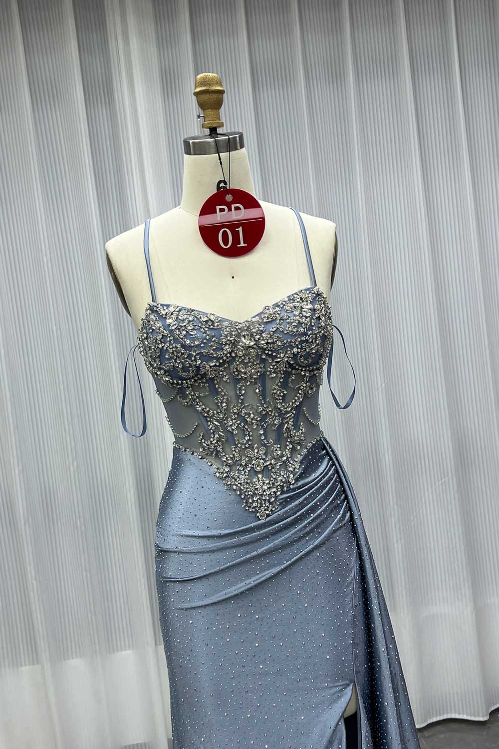 YQLNNE PD01 Champagne Straps Crystals Long Prom Dresses Lace-up Back