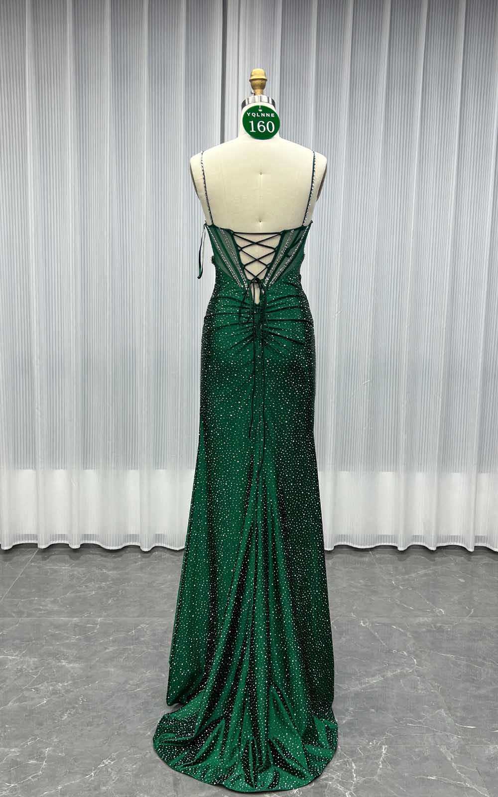 YQLNNE 0160 Dark Green Crystals Beaded Long Prom Dress Lace-up