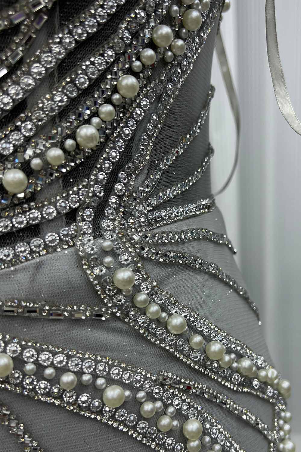 YQLNNE 0103 Silver Pearls Crystals Long Mermaid Evening Dress