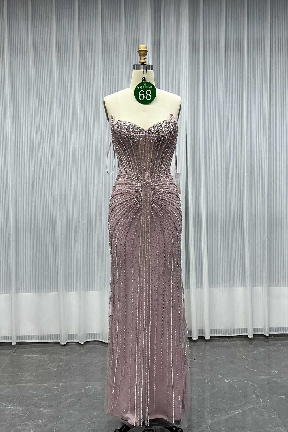 YQLNNE 068 Pink Crystals Beaded Evening Gown Long Mermaid Party Dress