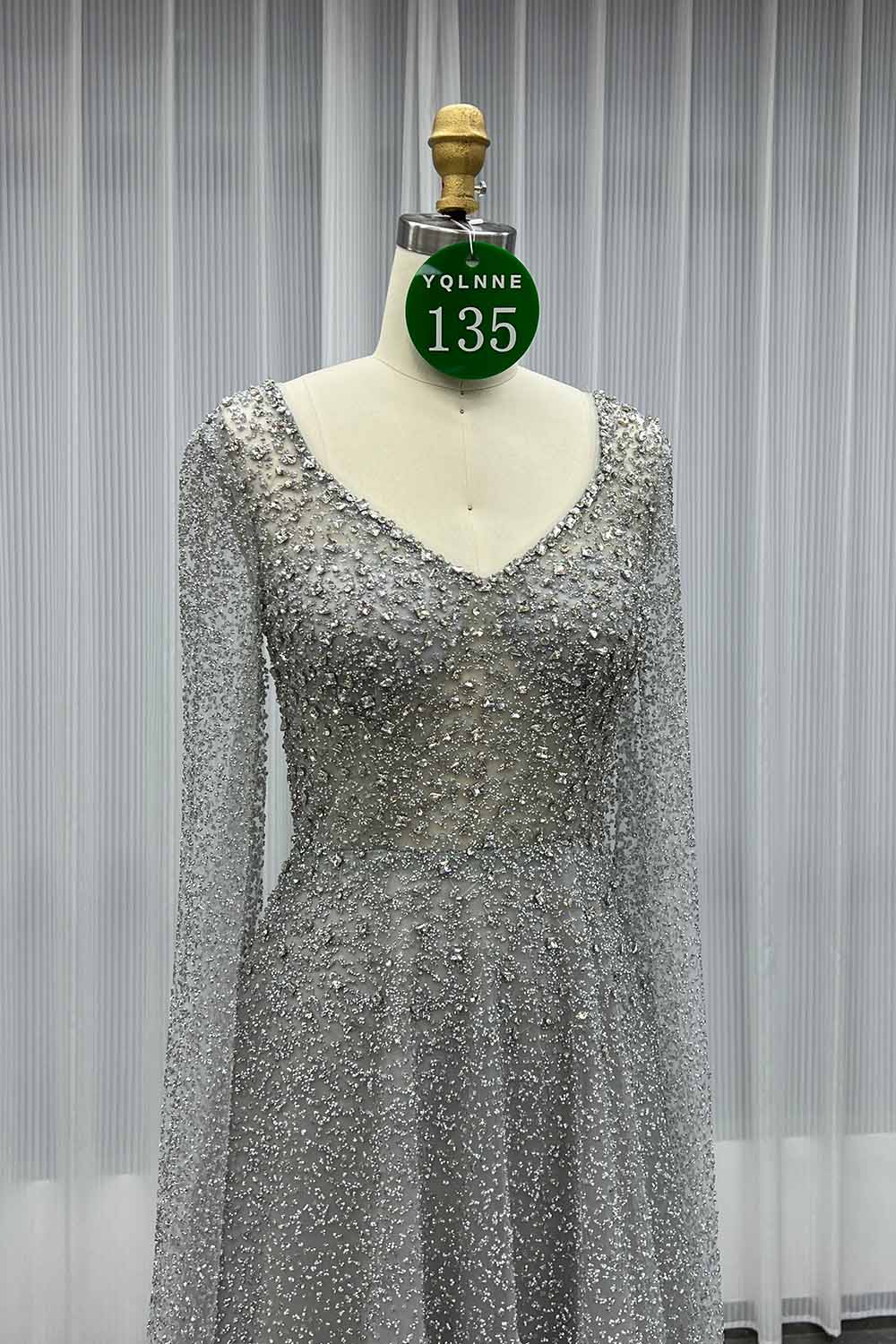 YQLNNE 0135 Sparkly Silver Crystals Evening Dresses Cape Sleeves Long Aline Formal Women Party Gown