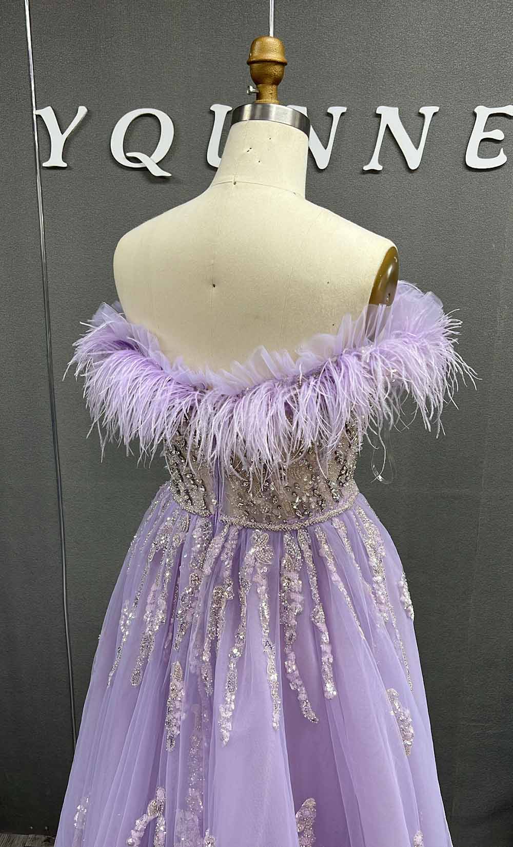 YQLNNE 0124 Blue Feathers Evening Dress Long Handmade Diamonds Formal Gown