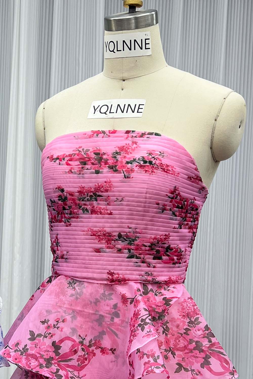 YQLNNE 0110 Pink Print Flowers Prom Dress Strapless Long Party Gown