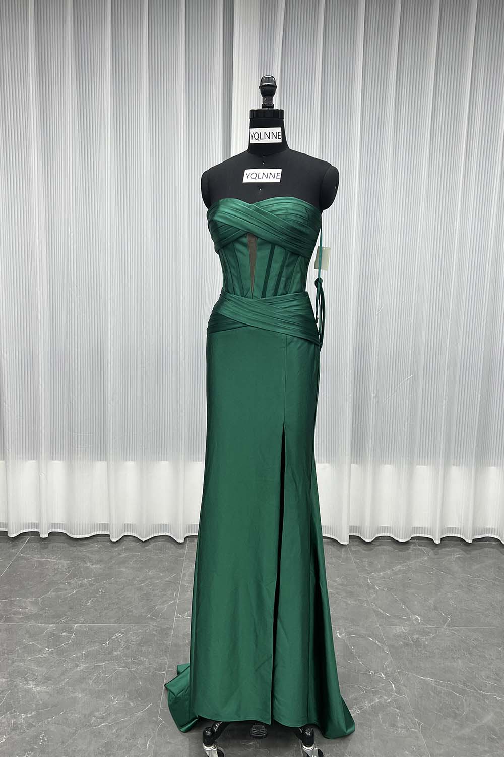 YQLNNE 097 Green Satin Long Slit Prom Dress Mermaid Party Gown