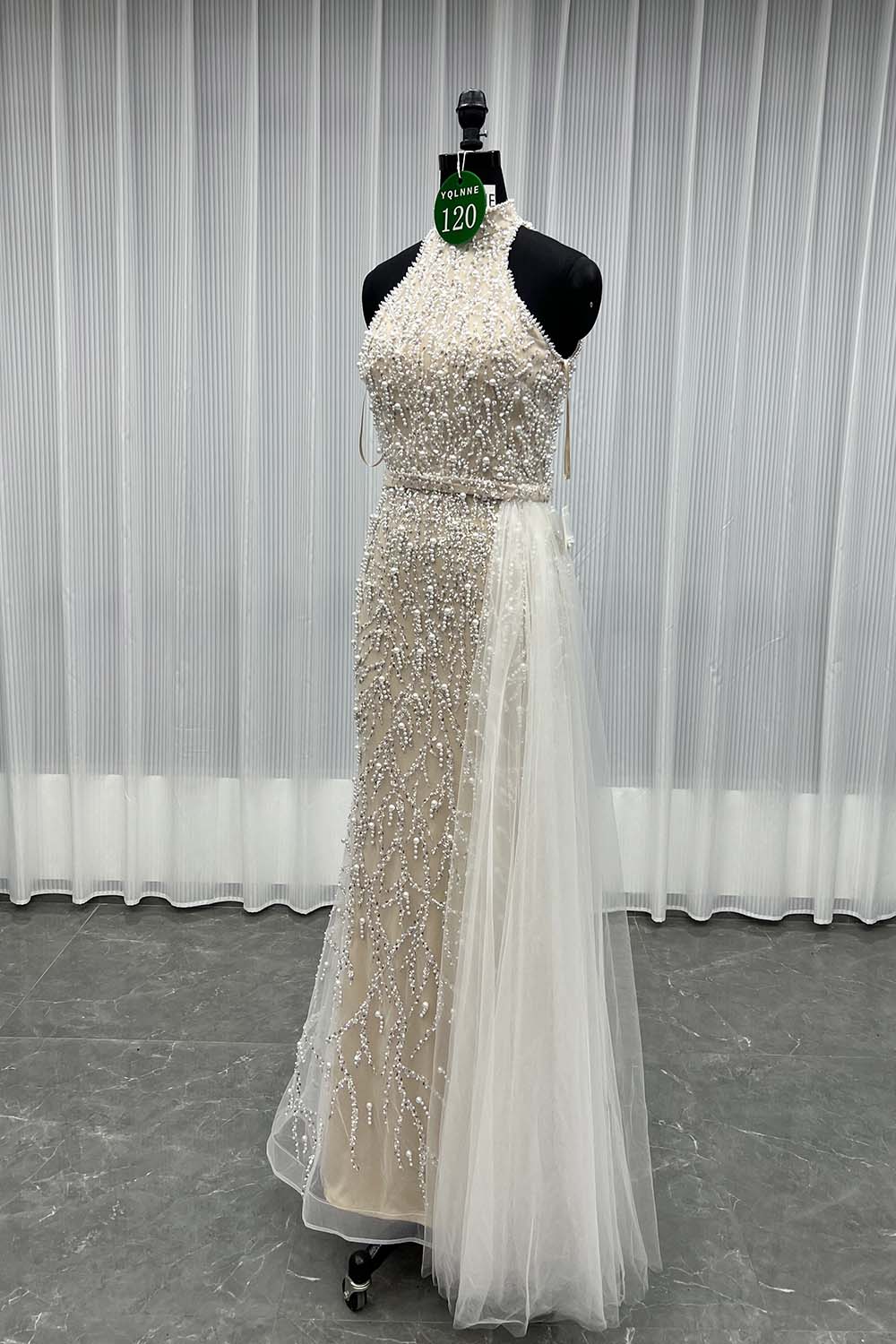 YQLNNE 0120 White Nude Pearls Beaded Evening Party Dress Wedding Gown