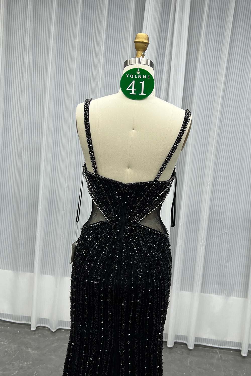 YQLNNE 041 Black Crystals Mermaid Evening Dress With Straps