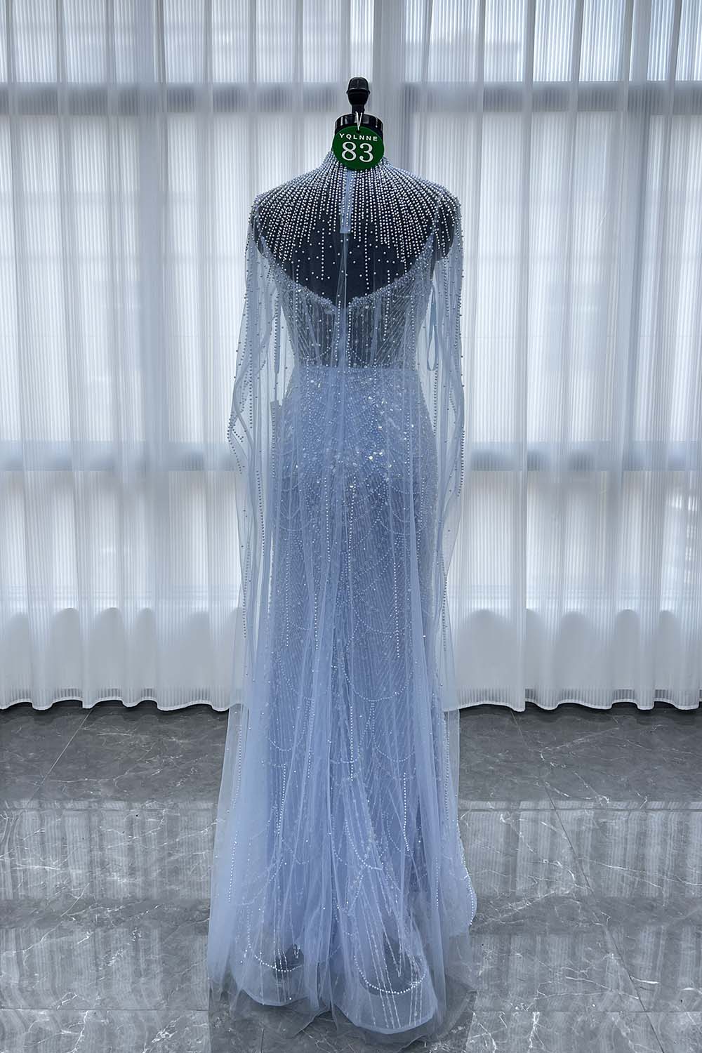 YQLNNE 083 Champagne Beading Long Evening Dress With Removable Shawl