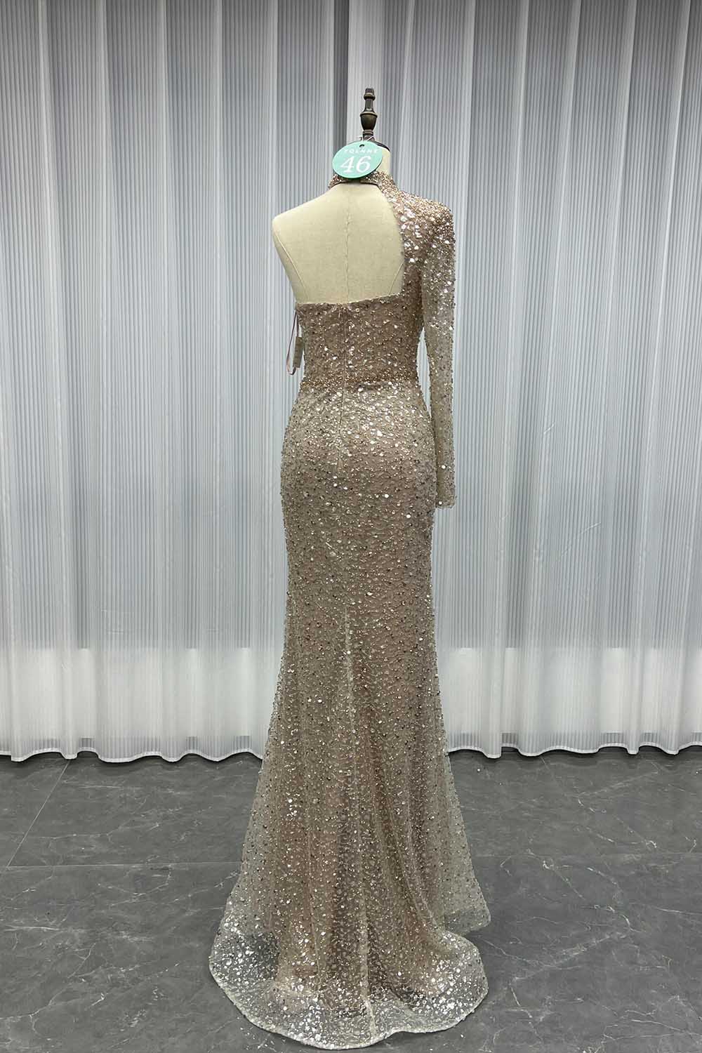 YQLNNE 046 Nude One Shoulder Crystals Evening Dress Long Sleeve Mermaid Formal Gown