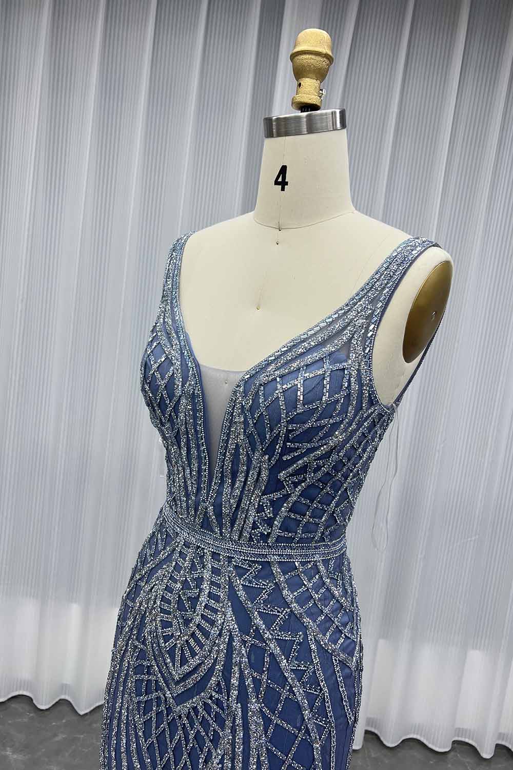 YQLNNE 022 Silver Crystals Long Prom Dress Mermaid Formal Evening Gown