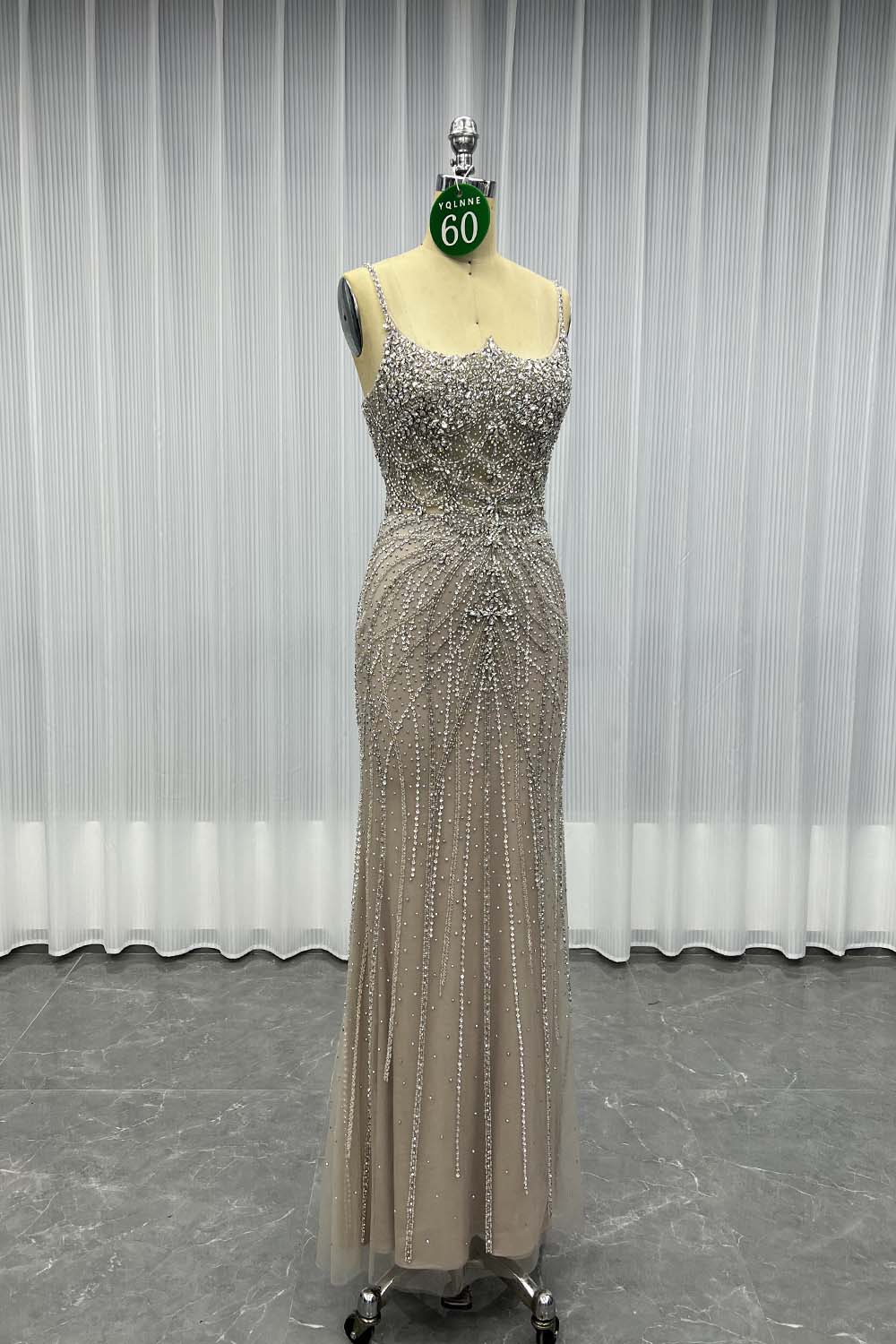 YQLNNE 060 Nude Diamonds Evening Dress Straps Beaded Long Mermaid Formal Party Gown