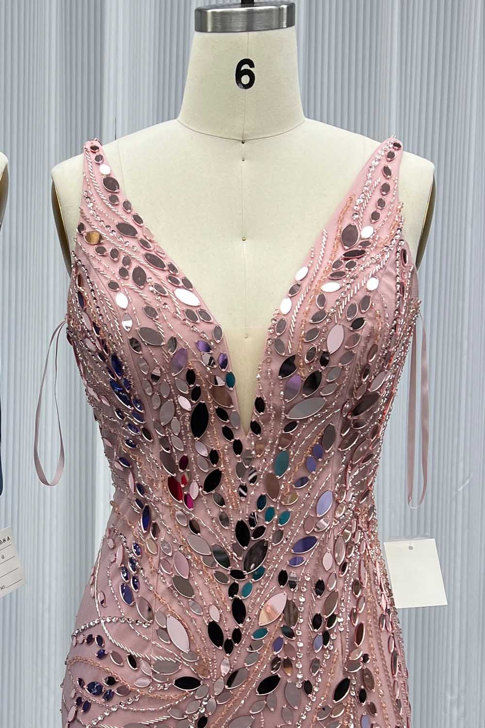 YQLNNE 096 Pink Feathers Long Slit Evening Dress With Lens