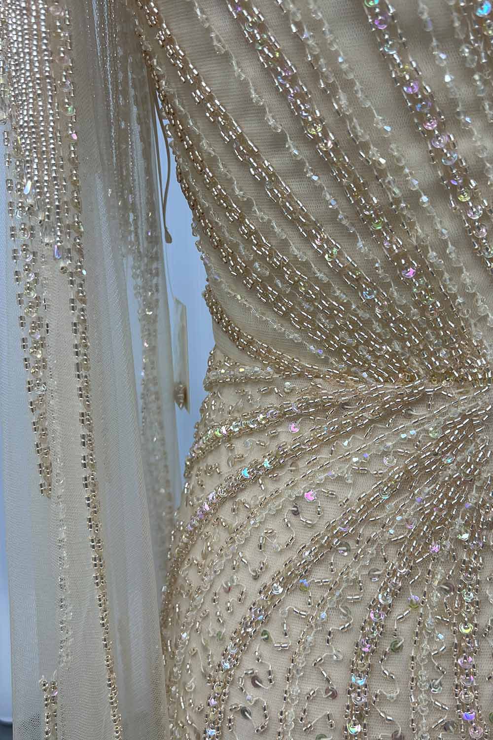 YQLNNE 061 Champagne Handmade Crystals Beaded Evening Dress With Cape Sleeves