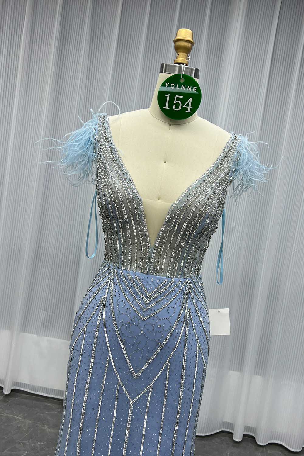 YQLNNE 0154 Sky Blue Rhinestones Long Prom Dresses Mermaid