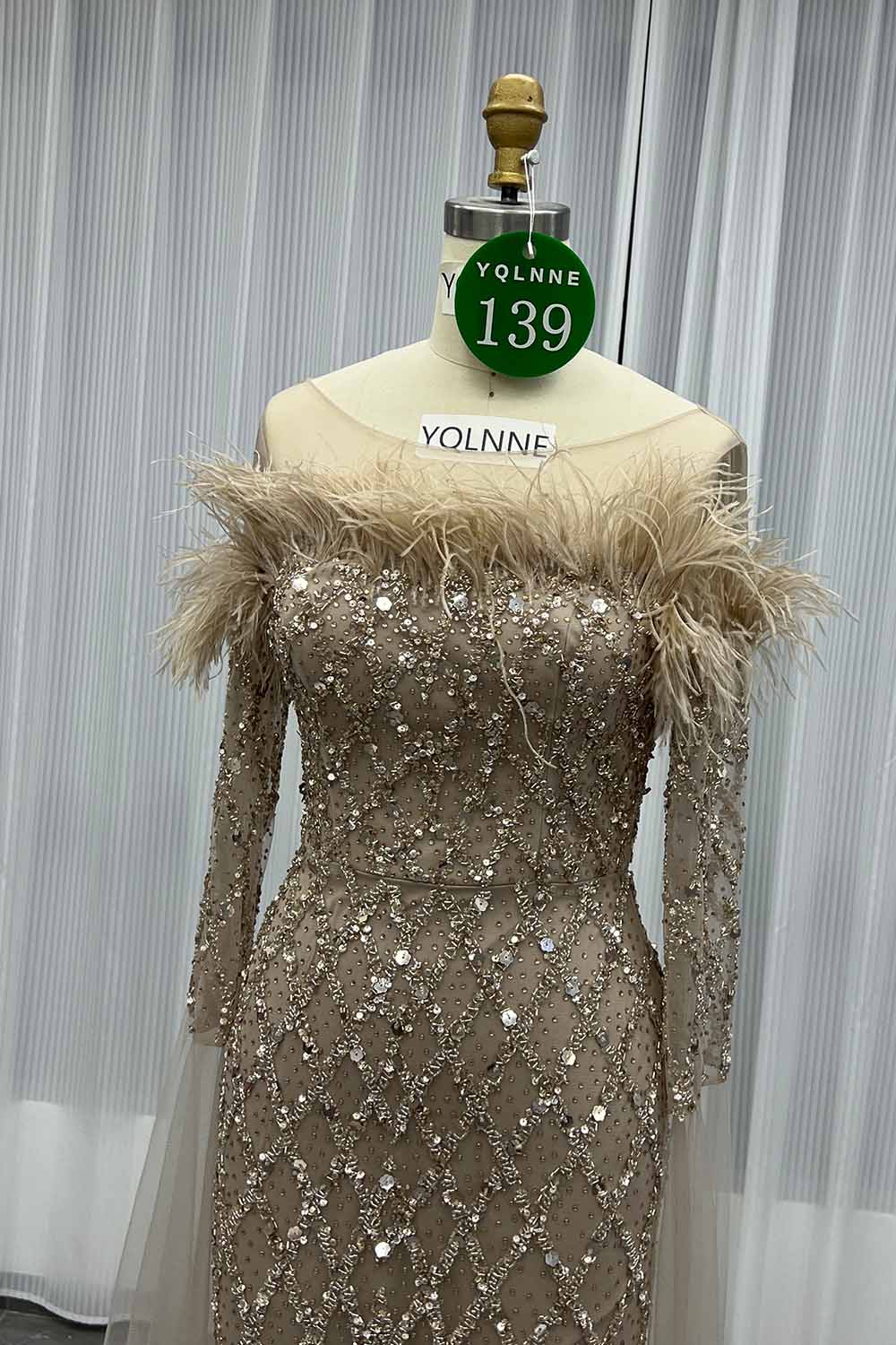 YQLNNE 0139 Nude Feathers Beaded Evening Dress With Sleeves