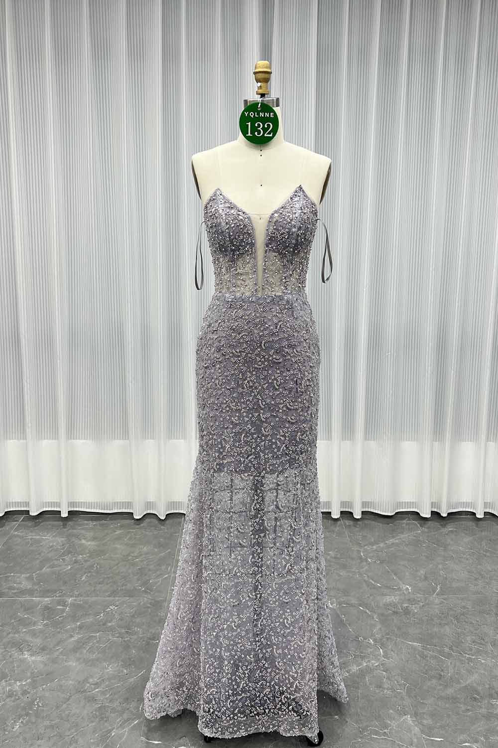 YQLNNE 0132 Dusty Lilac Pearls Beaded Evening Dress With Shawl