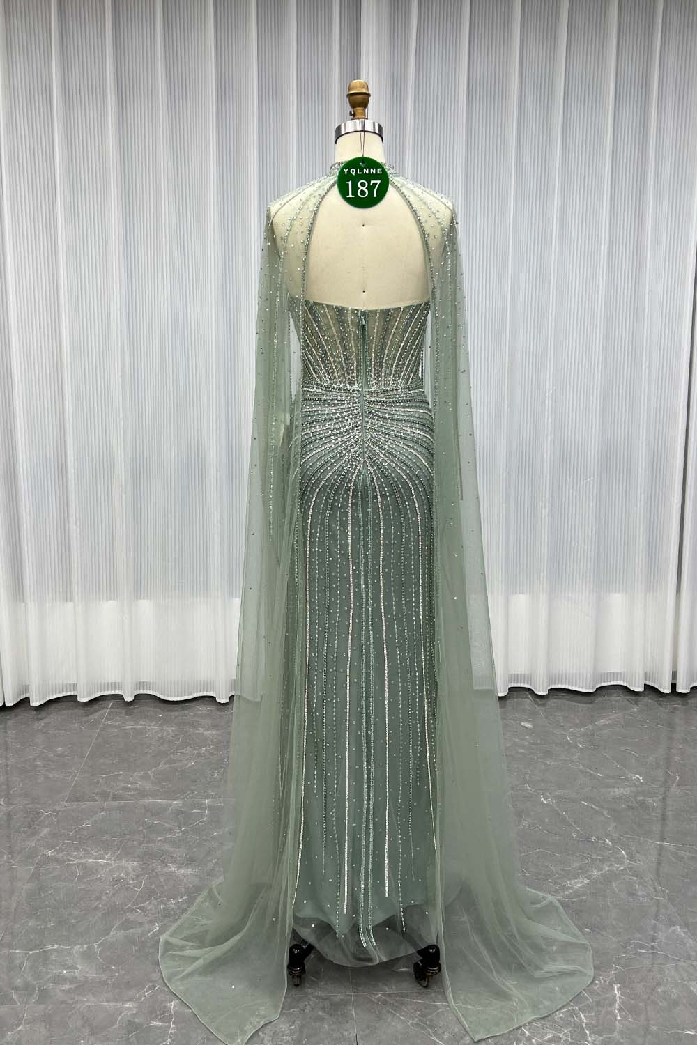 YQLNNE 0187 Sage Green Rhinestones Mermaid Evening Dress With Removable Shawl