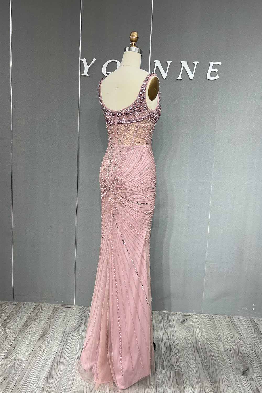 YQLNNE 042 Pink Crystals Beaded Evening Dress Long Mermaid Party Dress with Removeable Train
