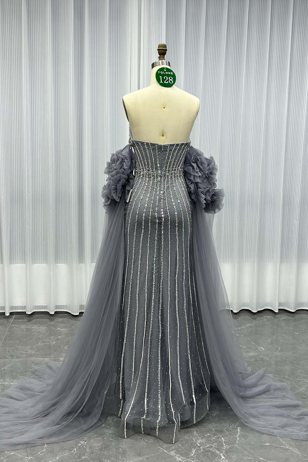 YQLNNE 0128 Luxury Gray Crystals Evening Party Gown With Removable Sleeves