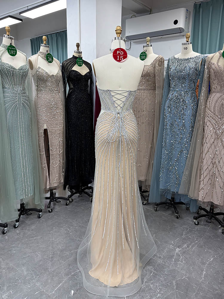 YQLNNE PD015 Silver Nude Slit Long Prom Dress Crystals Mermaid