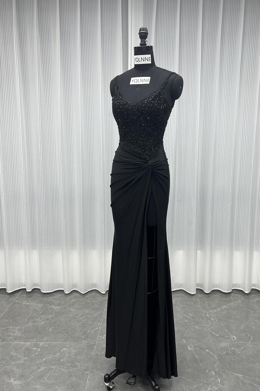 YQLNNE 01 Sexy Black Embroidered Long Slit Prom Dresses Mermaid Spaghetti Beading Party Gown