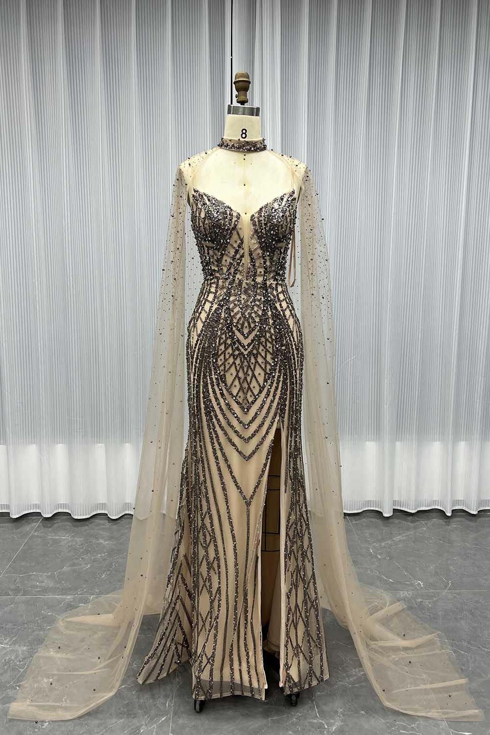 YQLNNE 17009 Silver Straps Long Evening Dress With Cape