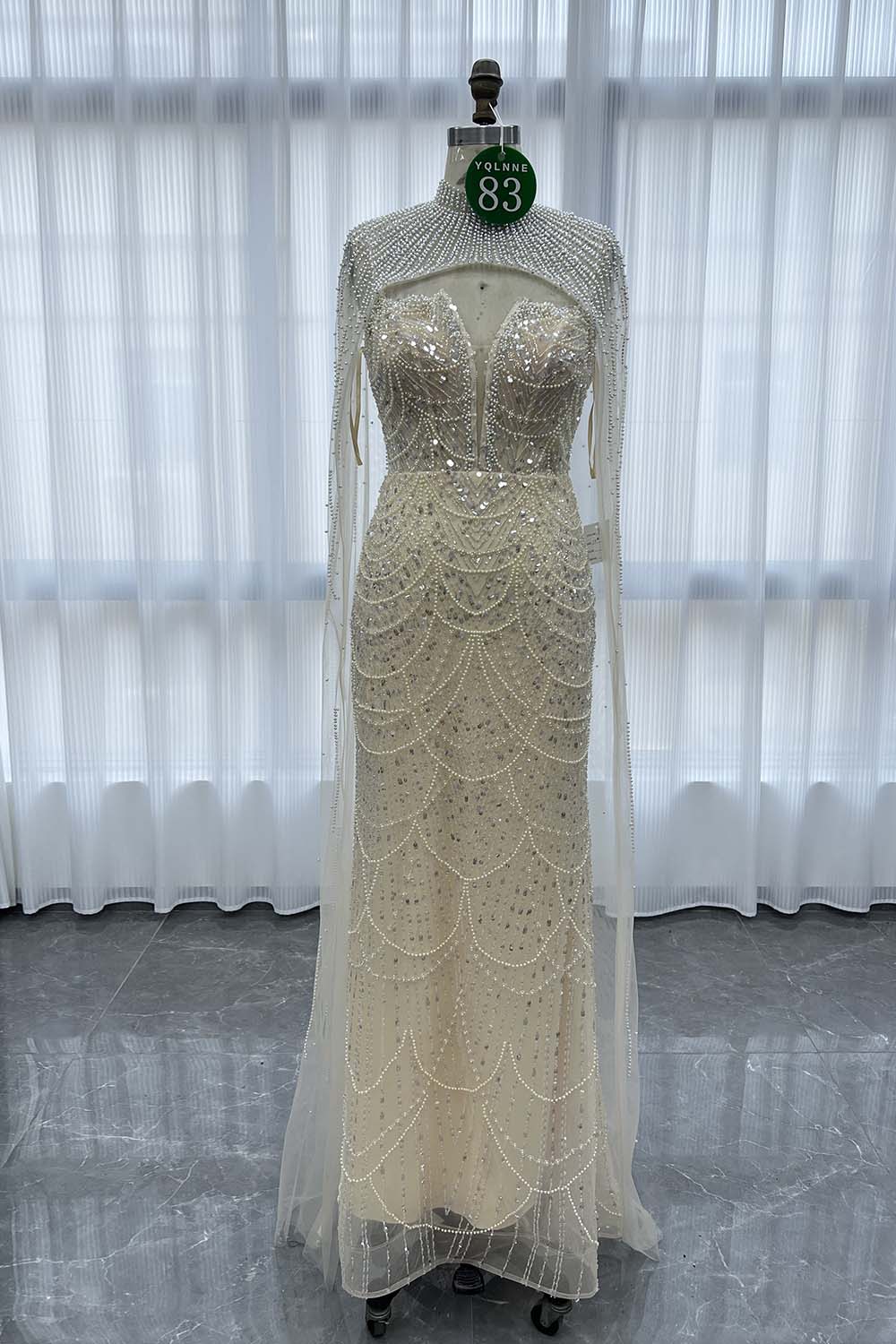 YQLNNE 083 Champagne Beading Long Evening Dress With Removable Shawl