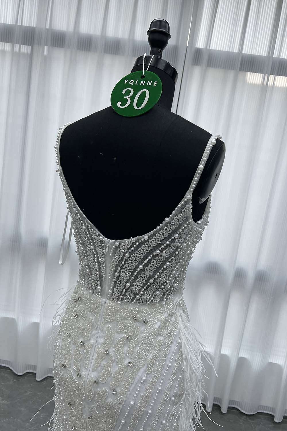 YQLNNE 030 White Feathers Crystals Evening Dress Tea-Length Beaded Gown