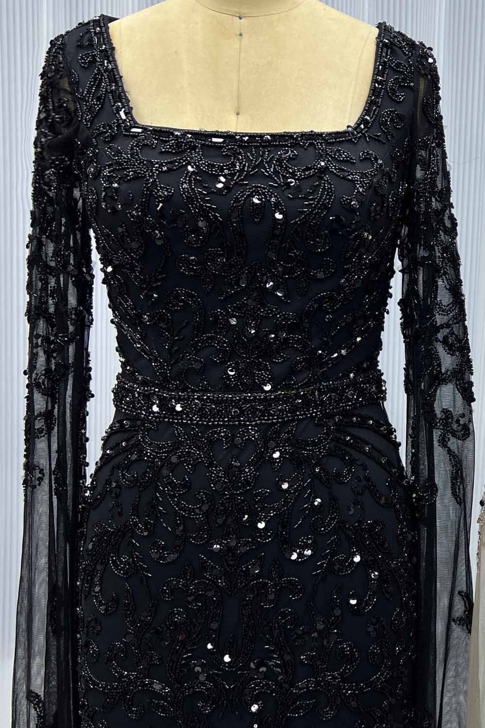 YQLNNE Modest Black Square Collar Crystals Beaded Evening Dress With Long Sleeves
