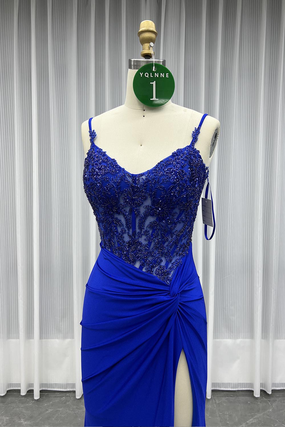 YQLNNE 01 Navy Spaghetti Long Slit Prom Dress With Beading