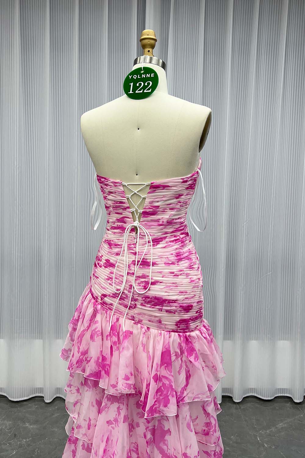YQLNNE 0122 Pink Print Flowers Long Prom Dress Lace-up