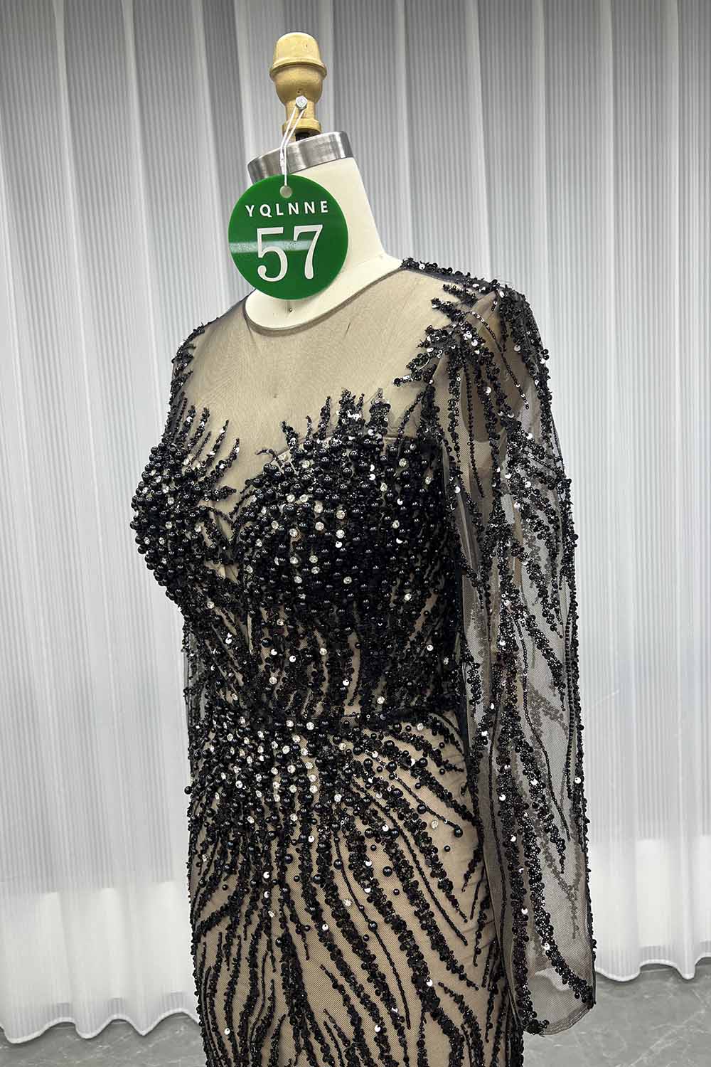 YQLNNE 057 Modest White Pearls Long Sleeves Evening Dress Wedding Party Gown