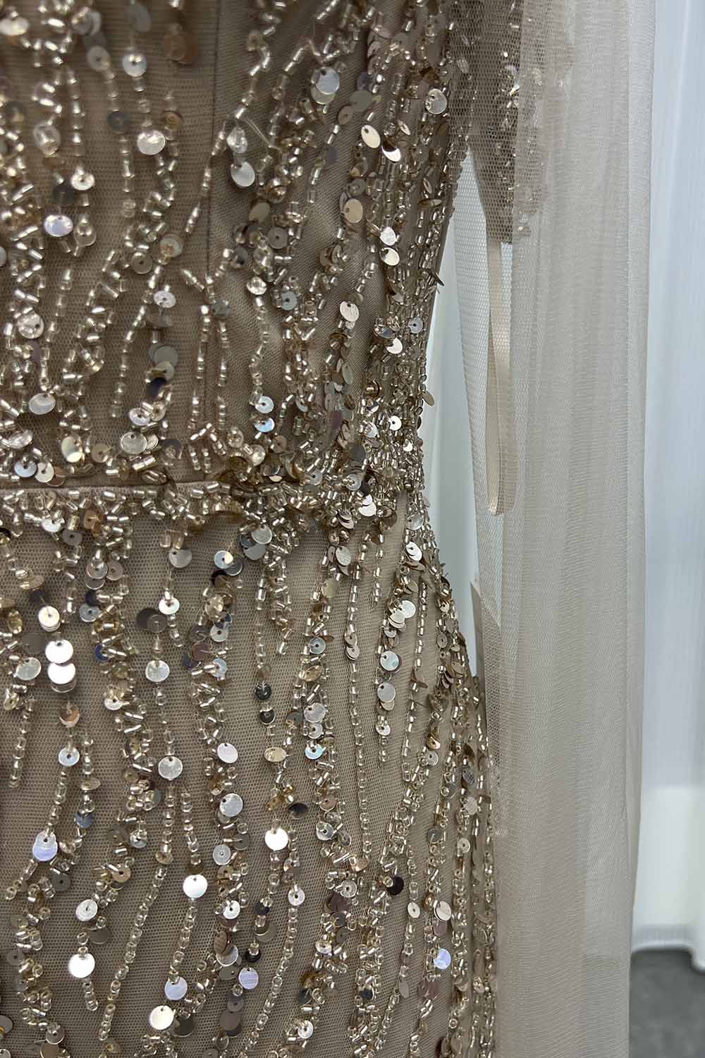 YQLNNE 0140 Nude Off Shoulder Crystals Beaded Evening Dress With Removable Shawl