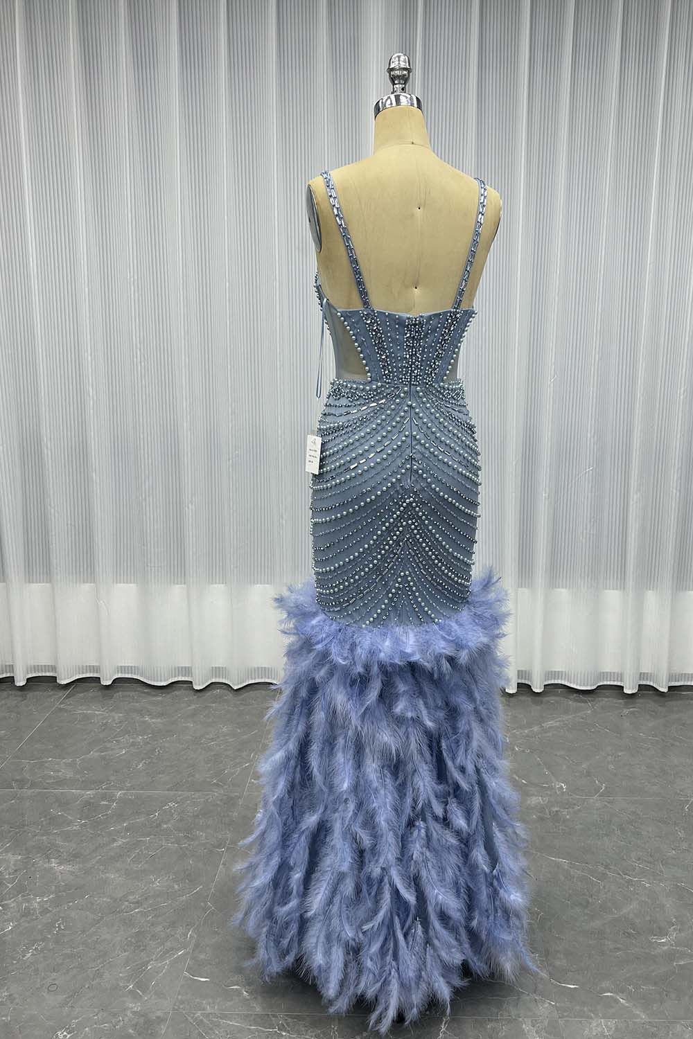 YQLNNE 045 Blue Feathers Crystals Evening Party Gown Mermaid Formal Dress