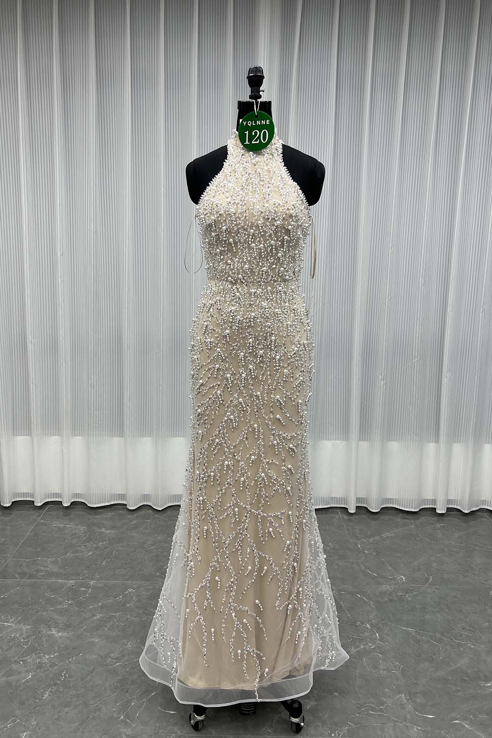 YQLNNE 0120 White Nude Pearls Beaded Evening Party Dress Wedding Gown