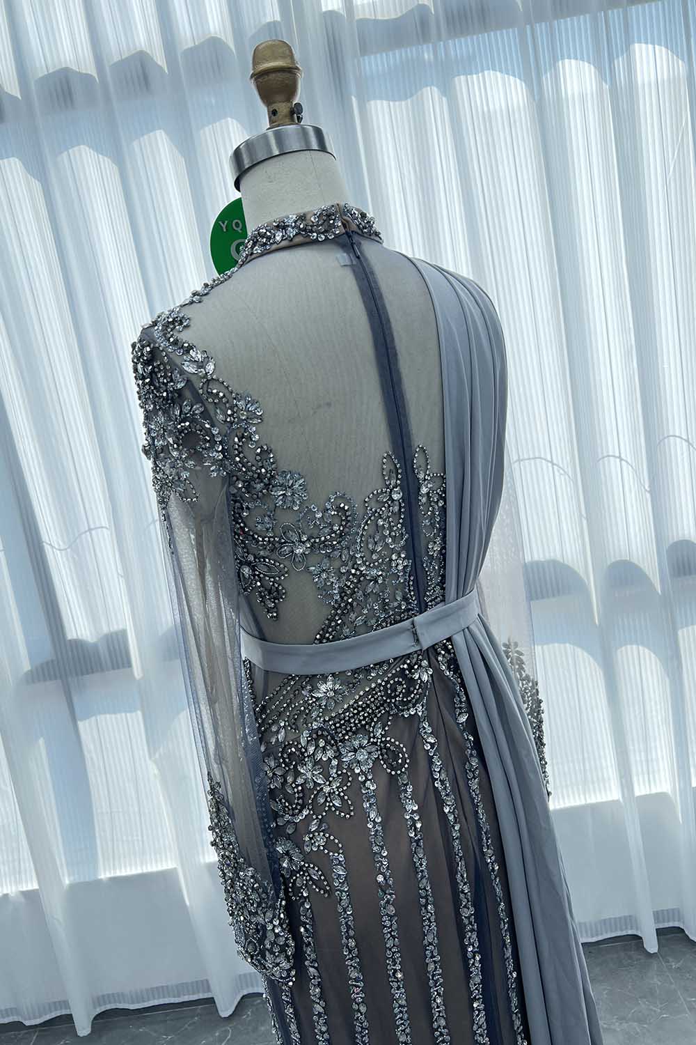 YQLNNE 089 Gray Long Sleeves Evening Dress Handmade Crystals Beaded Formal Gown