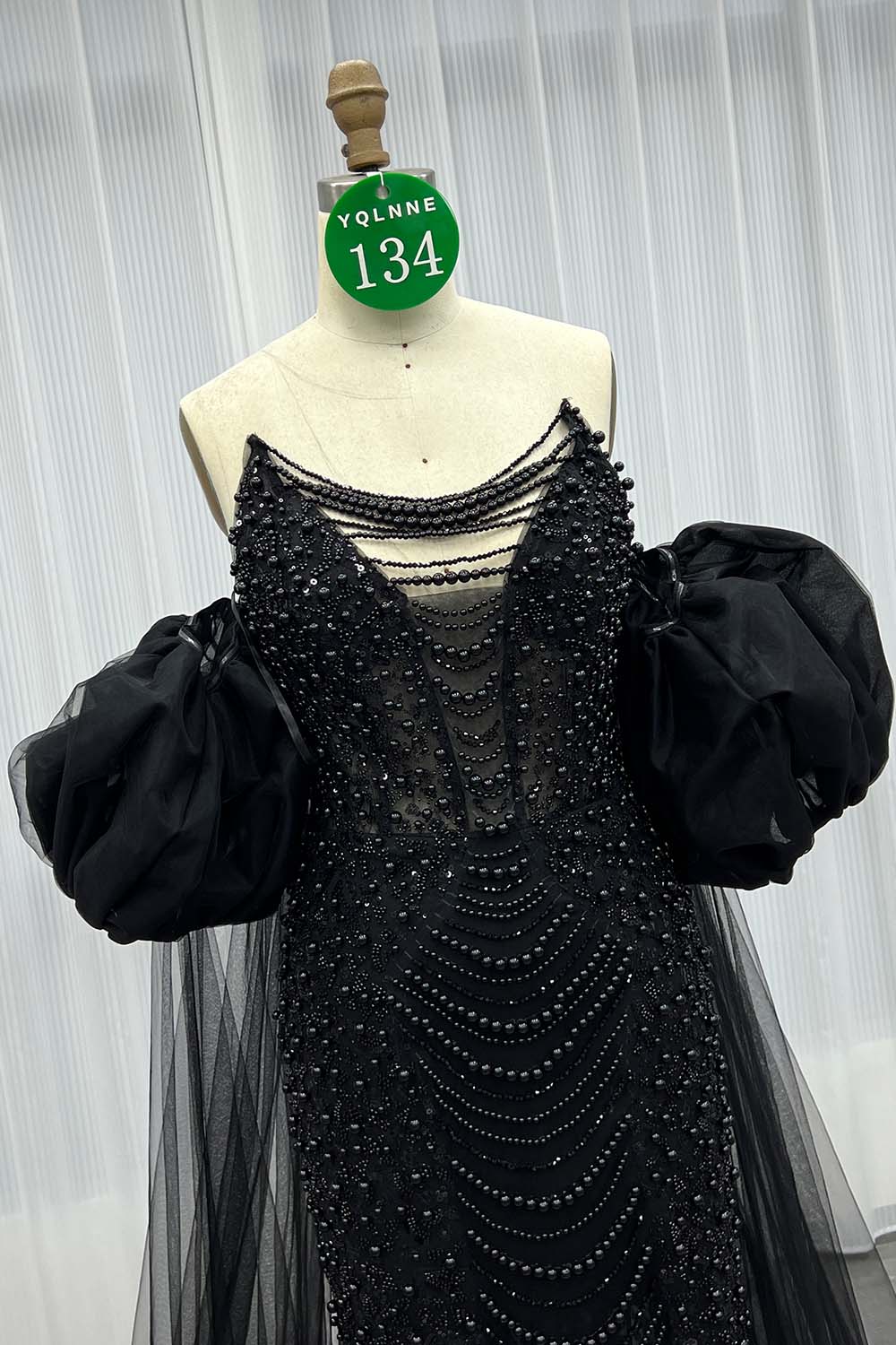 YQLNNE 0134 Black Strapless Beaded Pearls Evening Dress With Removable Sleeves
