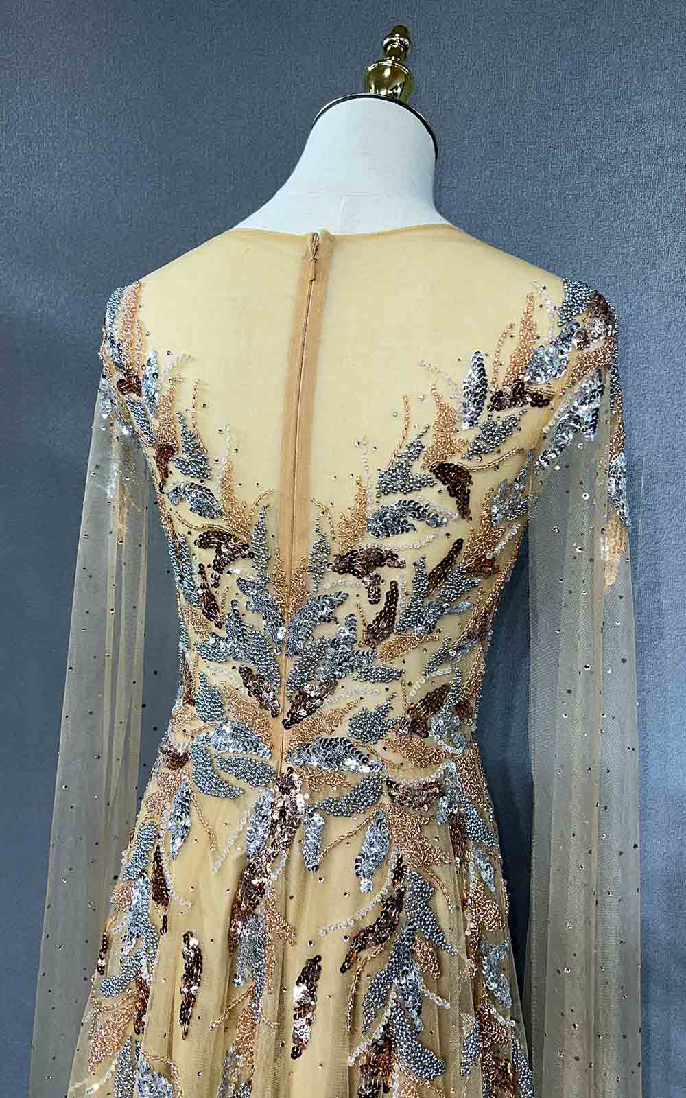 YQLNNE 069 Gold Crystals Beaded Evening Party Gown Handmade