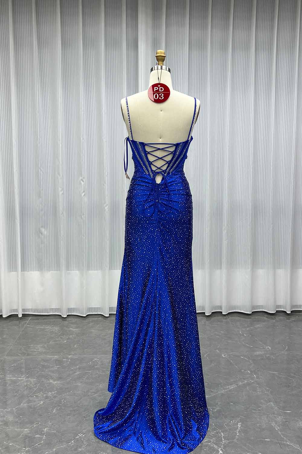 YQLNNE PD03 Navy Crystals Long Prom Dresses Satin Straps