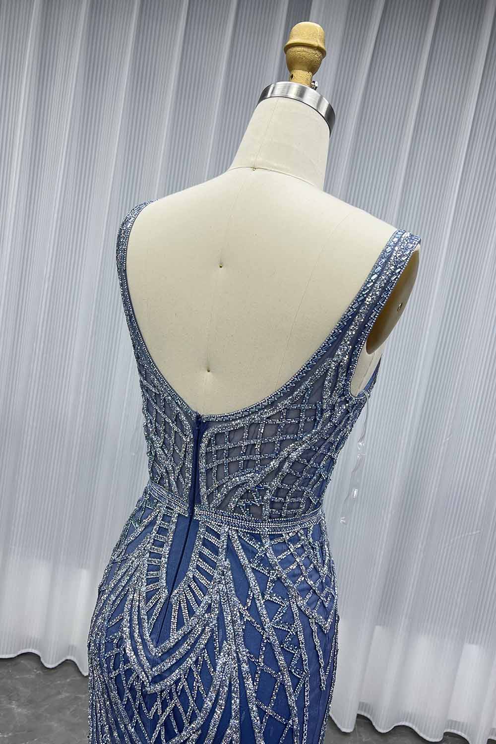 YQLNNE 022 Silver Crystals Long Prom Dress Mermaid Formal Evening Gown