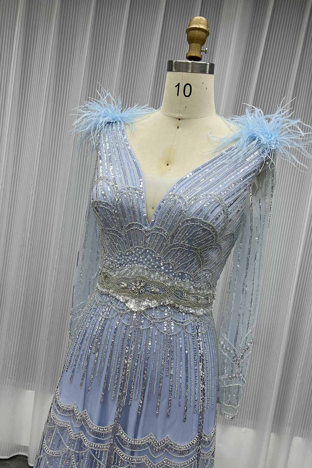 YQLNNE 17007 Muslim Feathers Evening Dress Long Sleeve Women Party Gown