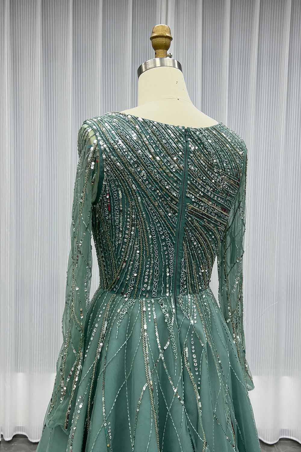 YQLNNE Modest Wine Red Handmade Beaded Evening Party Gown