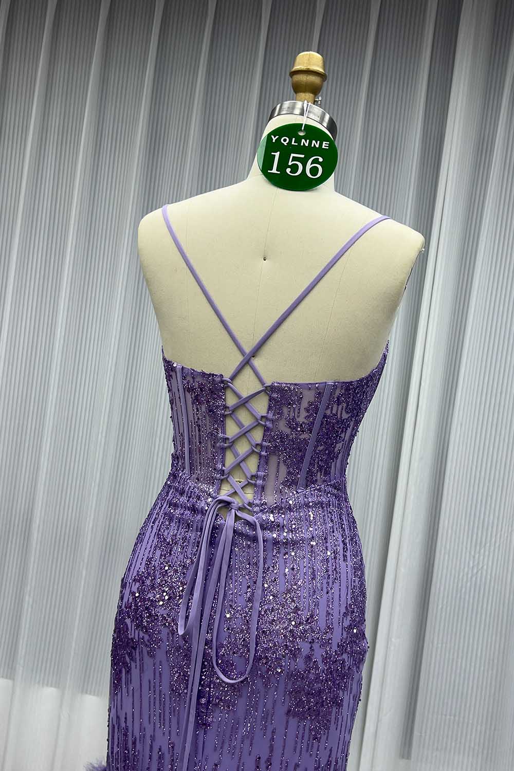 YQLNNE 0156 Sparkly Green Glitter Feathers Prom Dresses Lace-up Party Gown